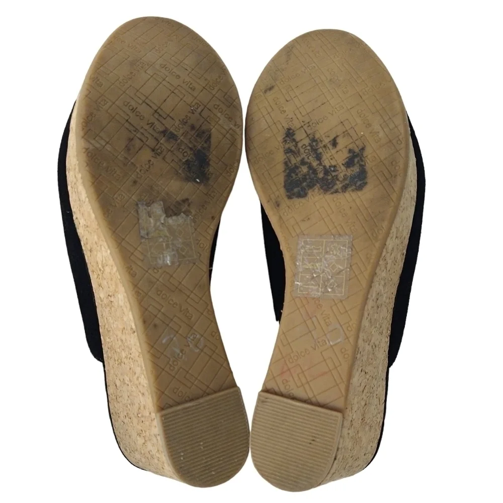 Dolce Vita Black Suede Cork Platform Mules Sandals Peep Toe Slip Ons Modern